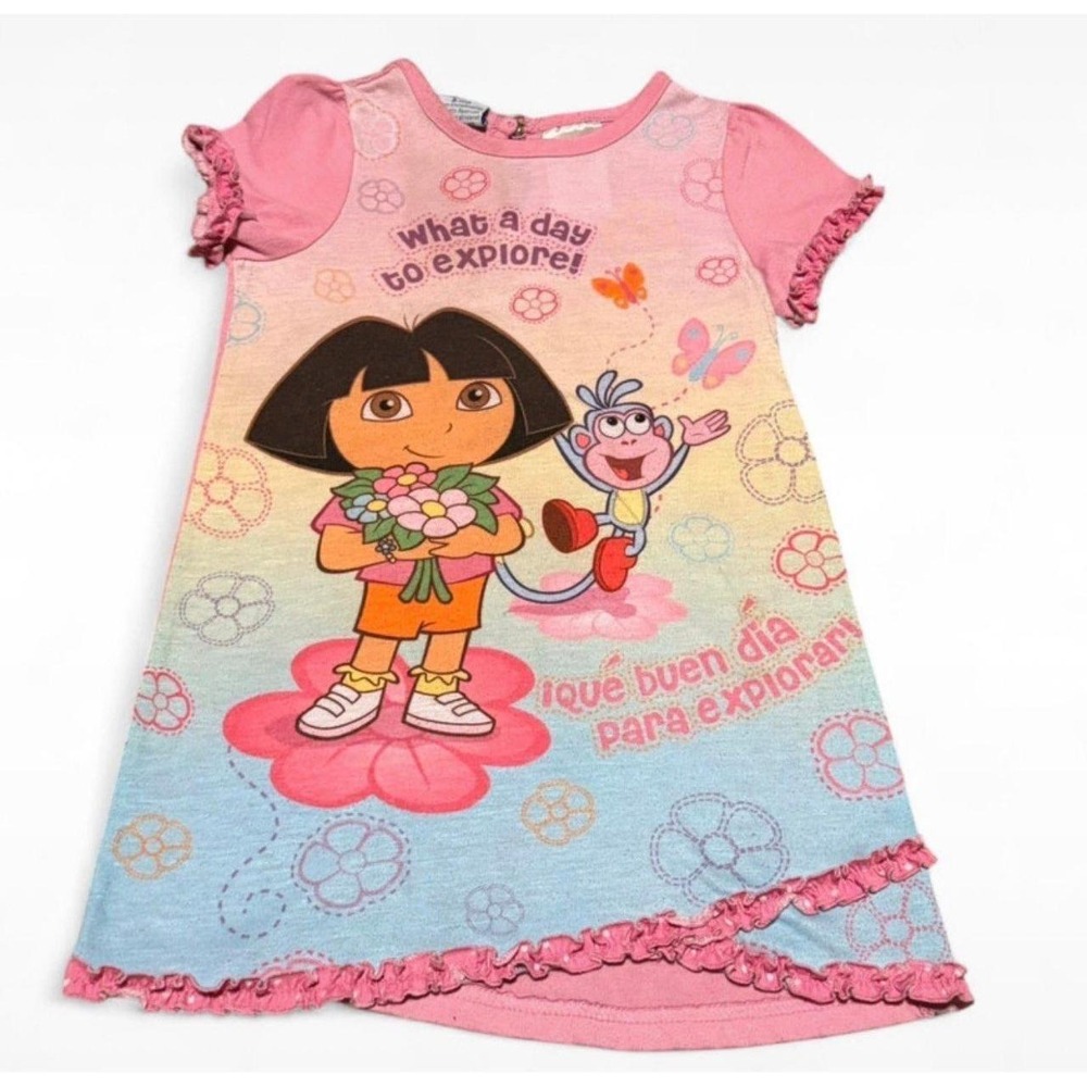 Vintage 2006 Dora the Explorer Boots Girls Pink Ruffle Nightgown 3T